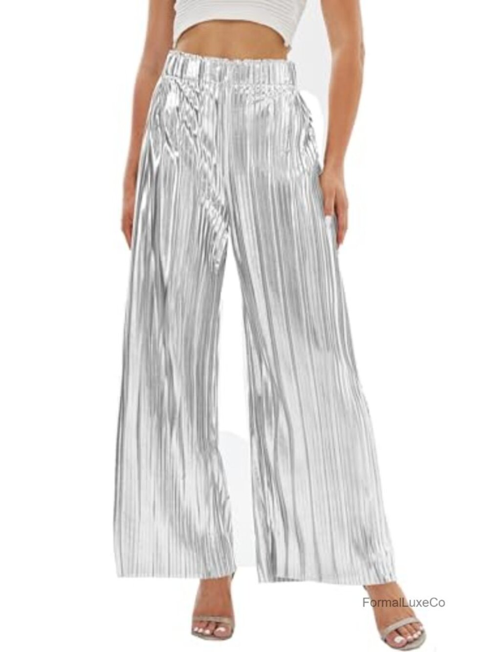 Women's Shiny Pleated Wide Leg High Waist Party Night Out Pants